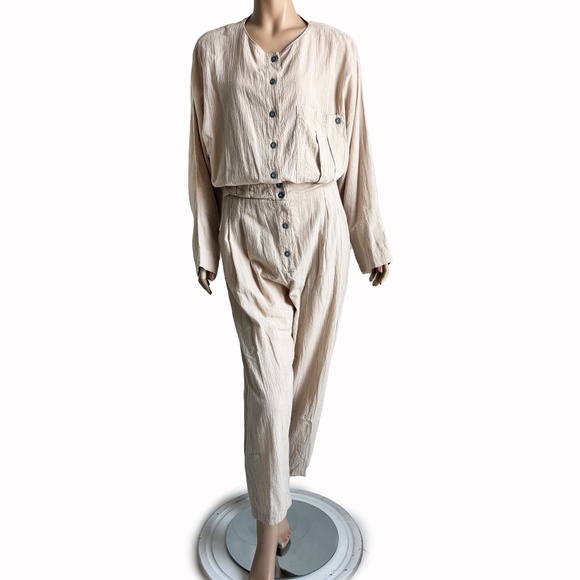 AC Gauze Jumpsuit Beige Cotton Crinkled Button Front Romper Size L Vintage 90s - Picture 7 of 8
